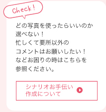 どの写真を使ったらいいのか選べない！忙しくて要所以外のコメントはお願いしたい！などお困りの時はこちらを参照ください。『シナリオお手伝い作成について』
